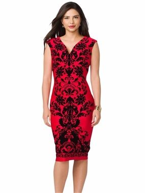 Beige by ECI Red Black Velvet Flocked Damask Midi Sheath Dress Medium